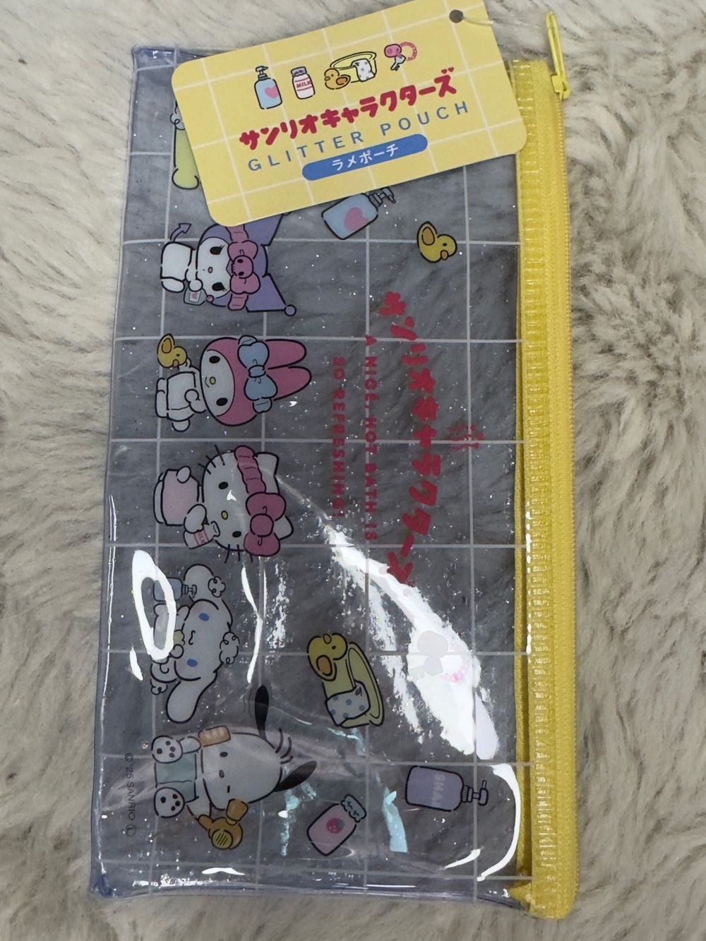 Sanrio Clear Glitter Pouch with Yellow Zip and Pastel Character Prints